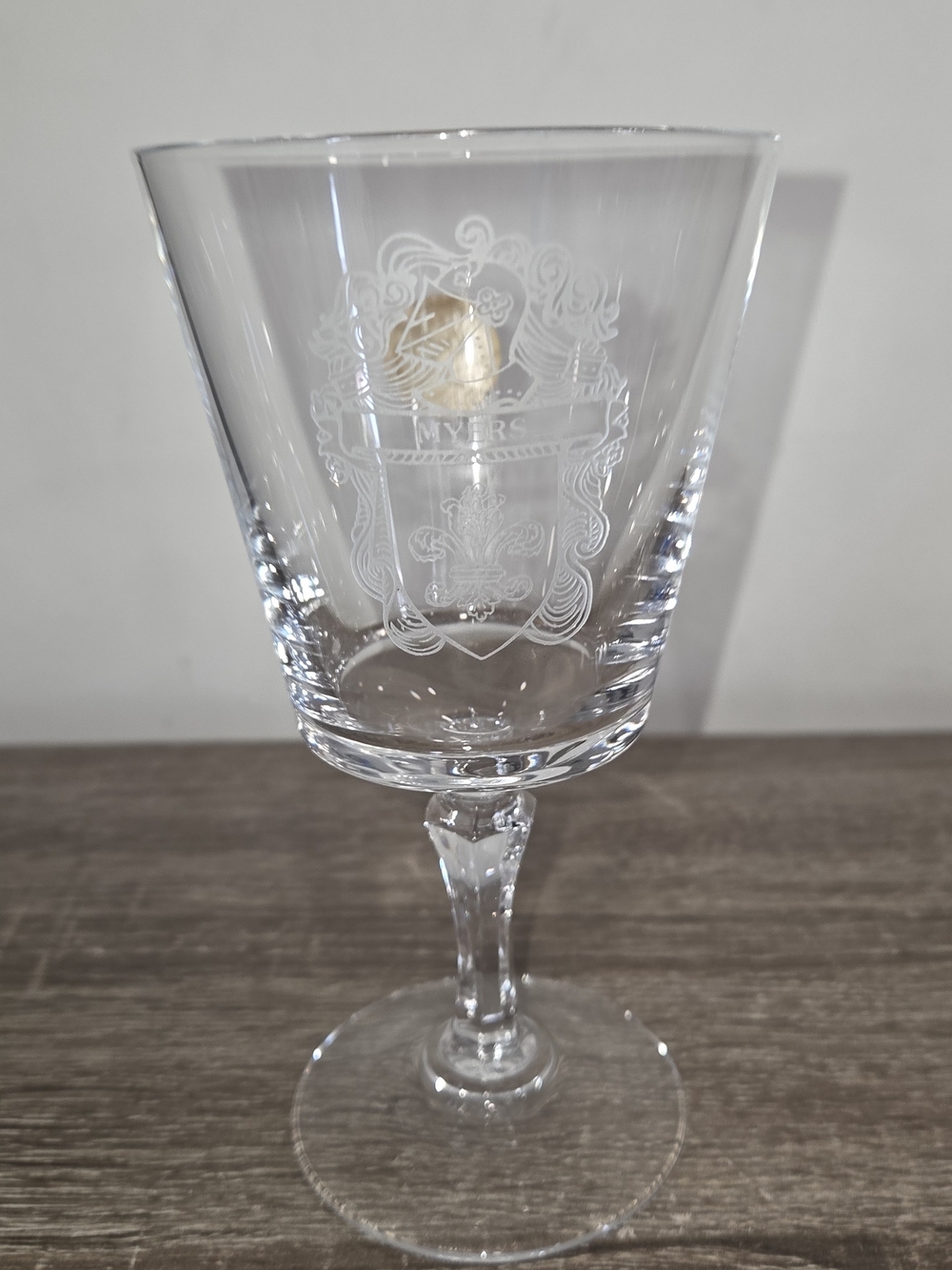 Wine Glass / Goblet / Stemmed Glass with White Etched Artwork " Myers" 6-1/2"